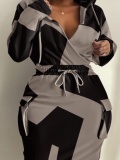 LW Plus Size Hooded Collar Geometric Print Cargo Dress