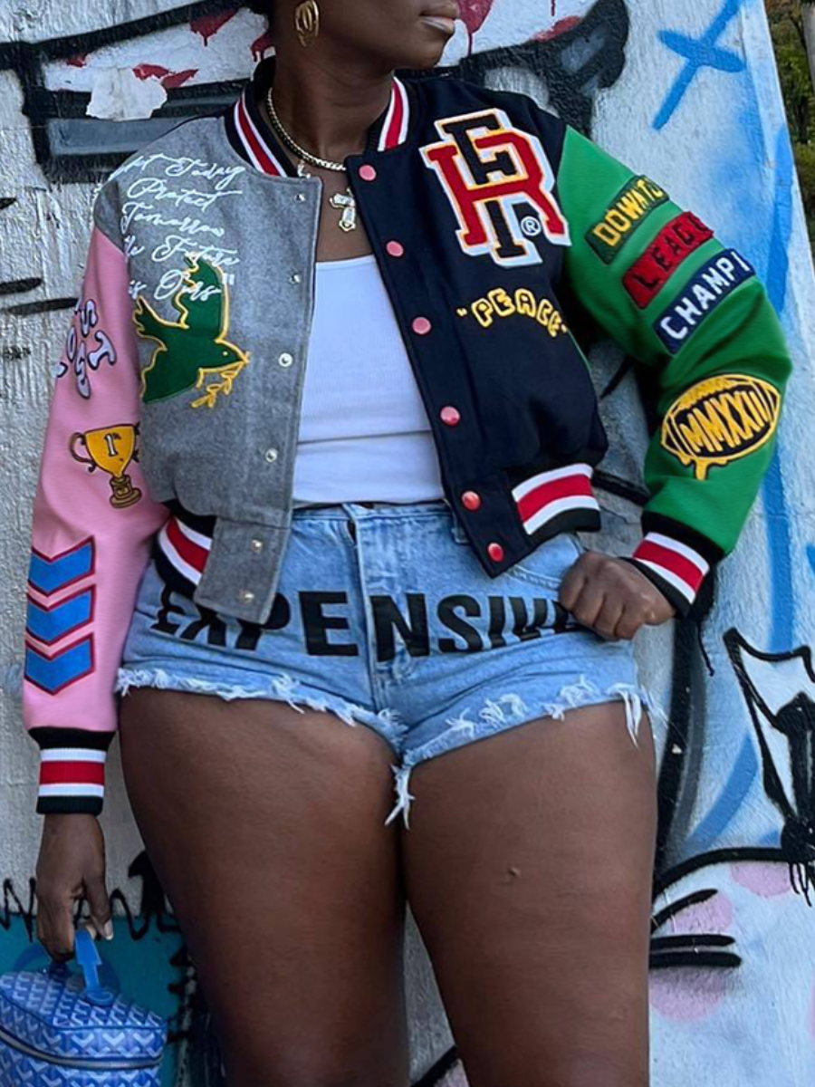 LW Plus Size Letter Print Striped Pocket Varsity Jacket