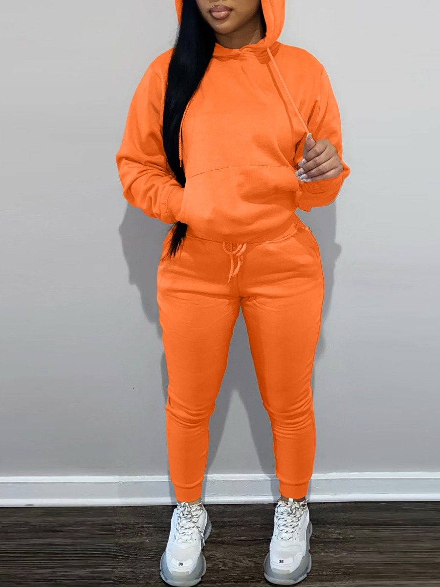 LovelyWholesale BASICS Hooded Collar Kangaroo Pocket Tracksuit Set Fall Long Sleeve Casual Lace Up Hooded Collar Spring Summer 2024