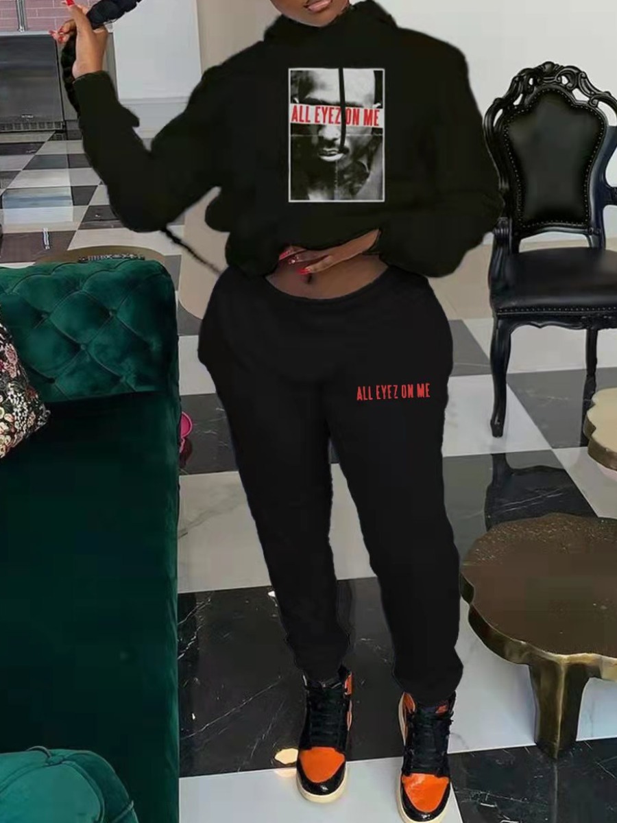 LW Plus Size Fleece Figure Letter Print Tracksuit Set