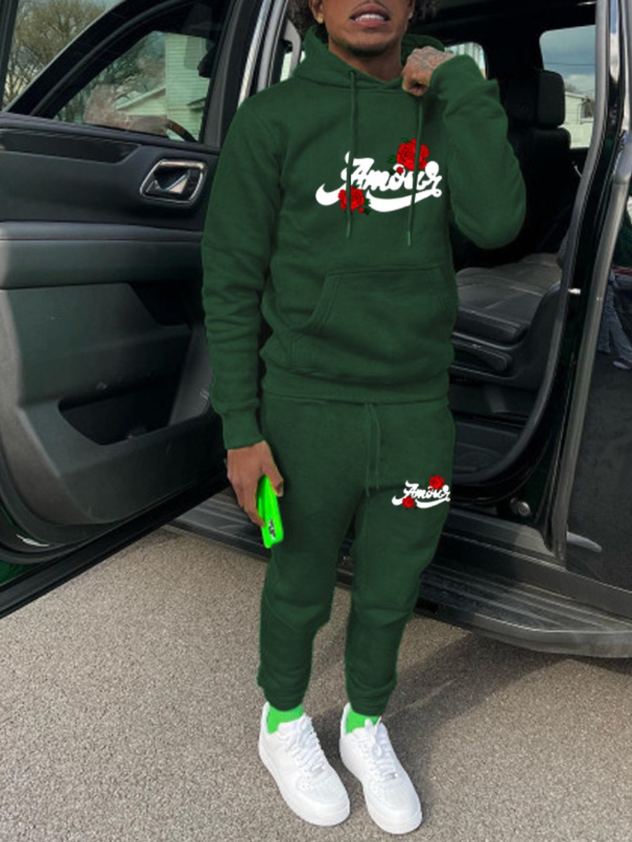LovelyWholesale Men Rose Flower Letter Print Tracksuit Set Fall Casual Spring Summer 2024