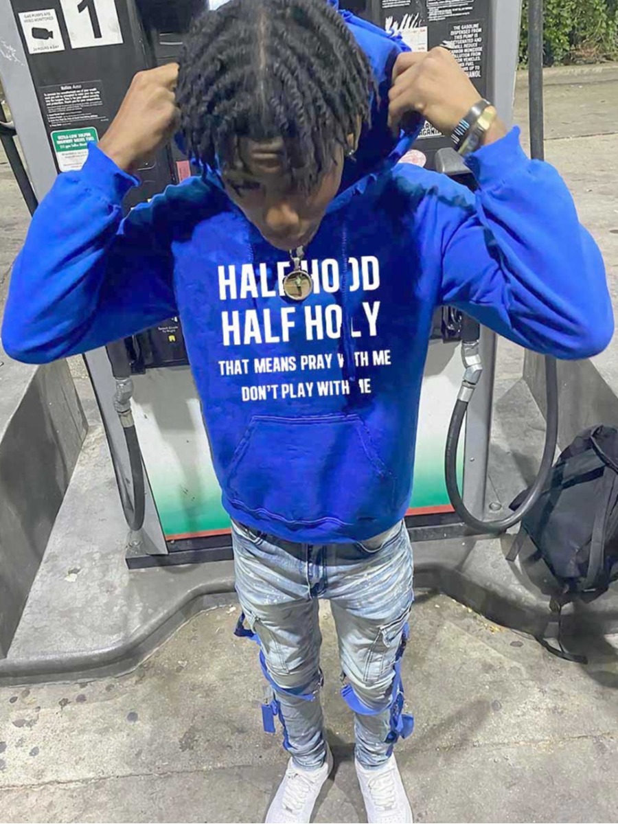 LW Men Half Hood Letter Print Hoodie