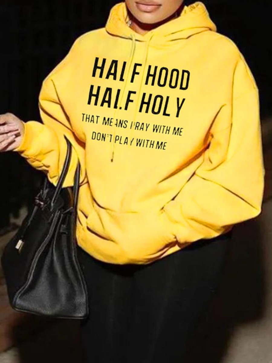 LovelyWholesale Half Holy Letter Print Hoodie Fall Long Sleeve Casual Hooded Collar Spring Summer 2024