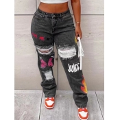 LW Butterfly Letter Print Ripped Jeans