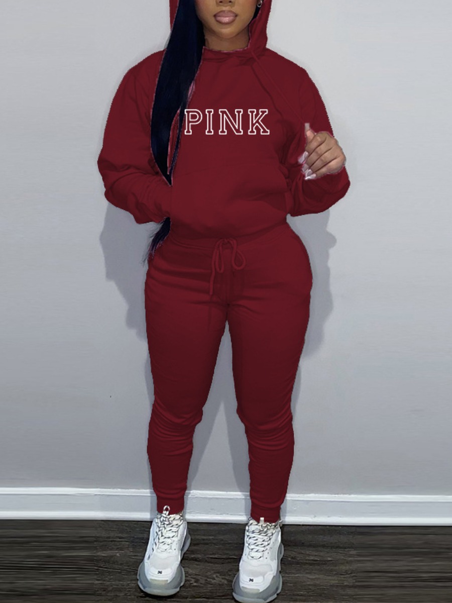 LW Hooded Collar Pink Letter Print Tracksuit Set