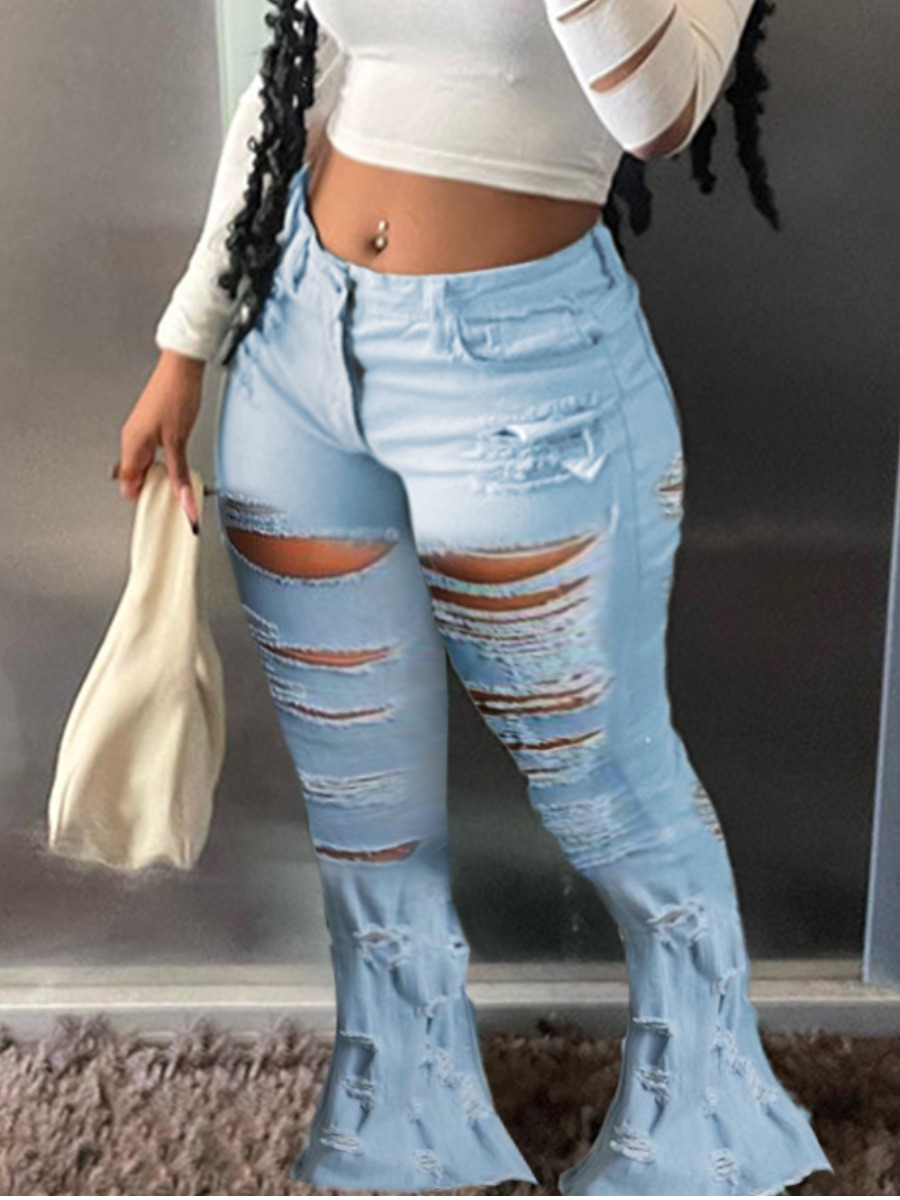 LW Mid Waist Ripped Flared Jeans