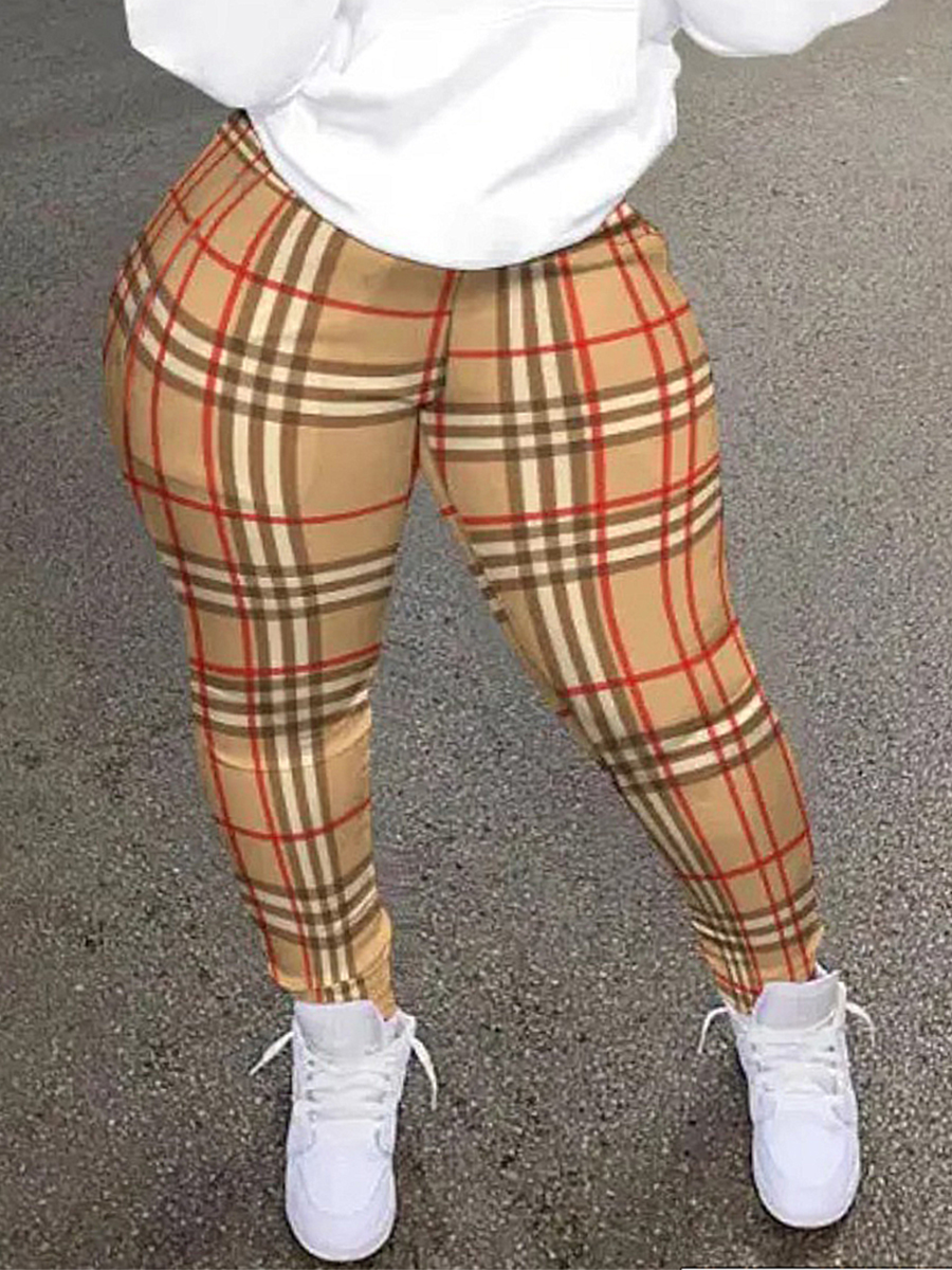 LovelyWholesale Plus Size Mid Waist Plaid Print High Stretchy Leggings Spring|Fall Casual  5X Spring Summer 2024