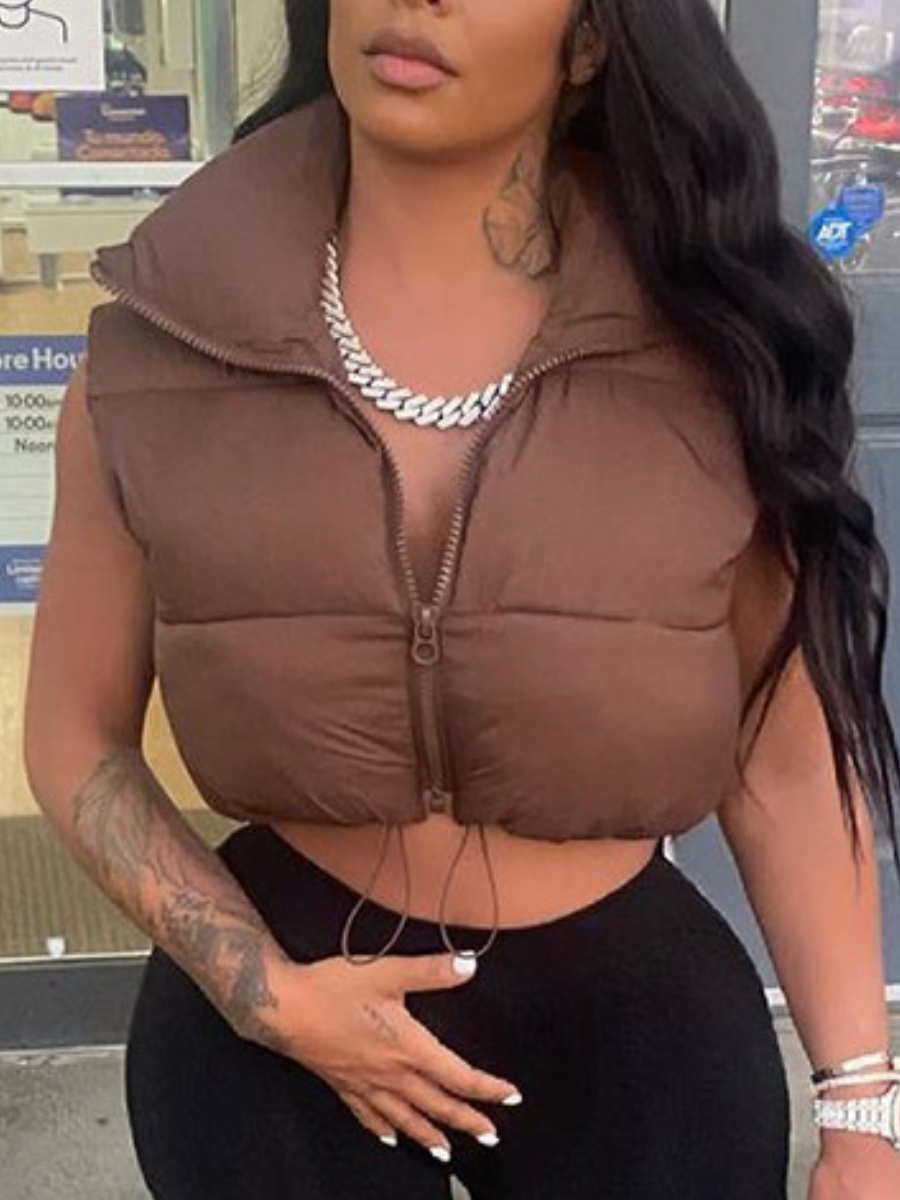 LovelyWholesale COTTON Zip Up Drawstring Puffer Vest Fall Casual Turtleneck Spring Summer 2024