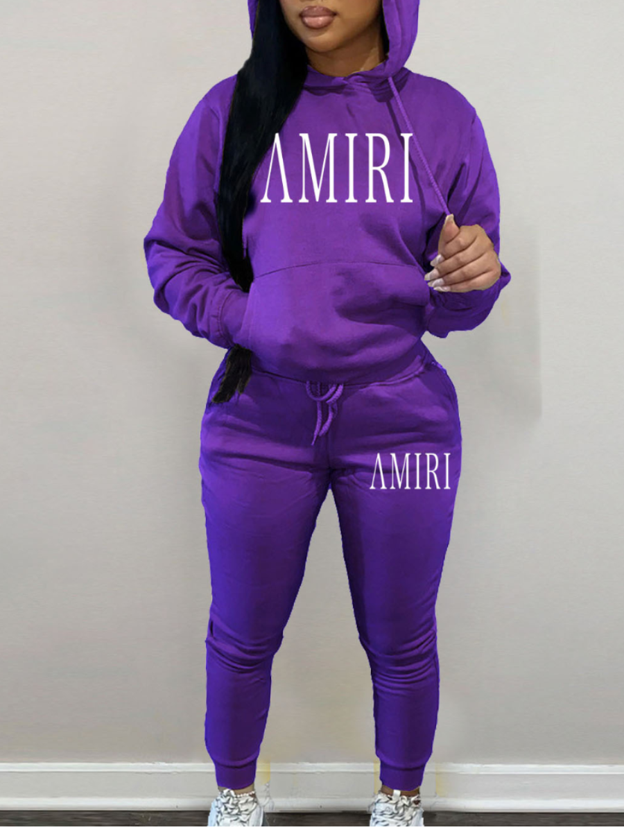 LW Letter Print Kangaroo Pocket Tracksuit Set