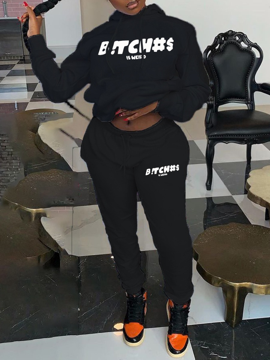 LovelyWholesale Letter Print Kangaroo Pocket Tracksuit Set Fall Long Sleeve Casual Hooded Collar Spring Summer 2024