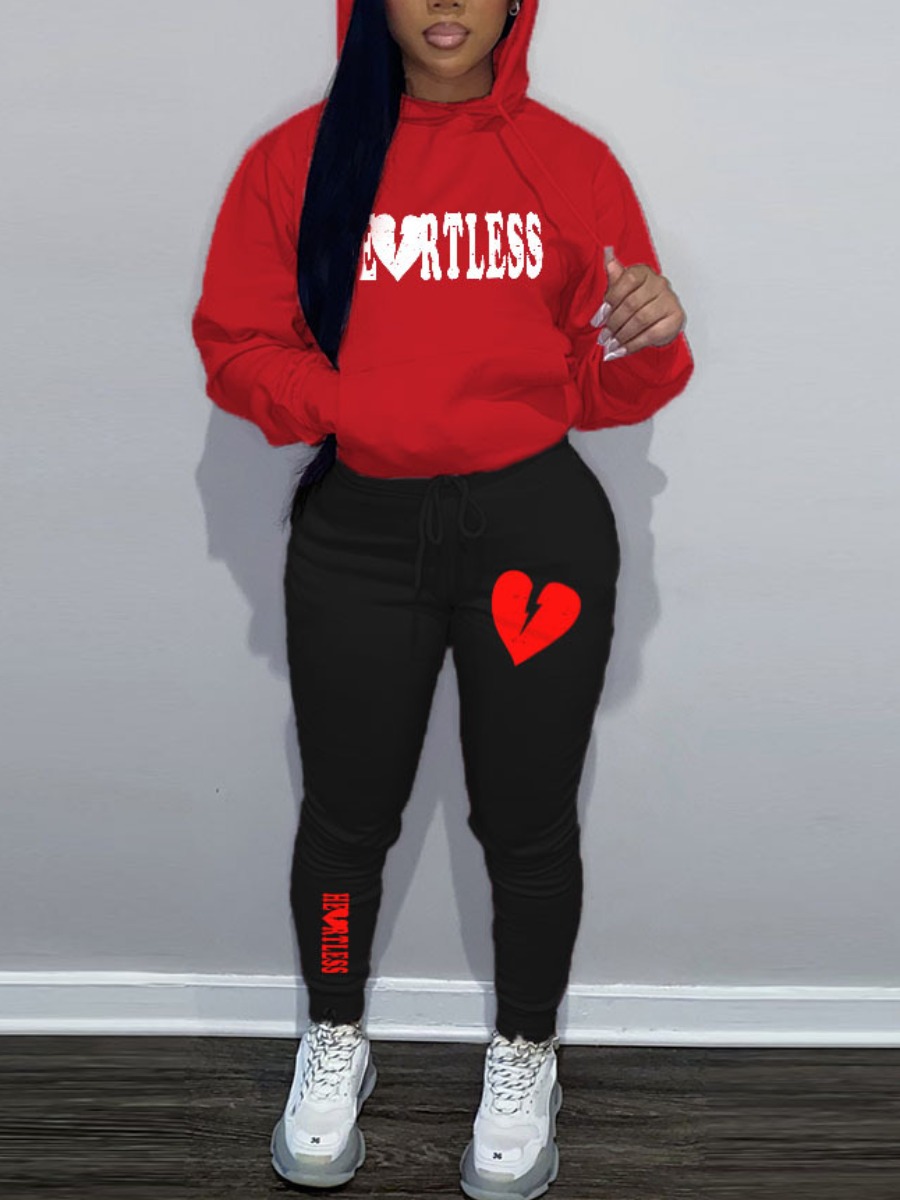 LovelyWholesale Broken Heart Letter Print Tracksuit Set Fall Long Sleeve Casual Hooded Collar Spring Summer 2024