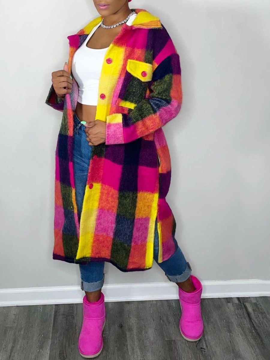 LW Plaid Pattern Pocket Design Coat