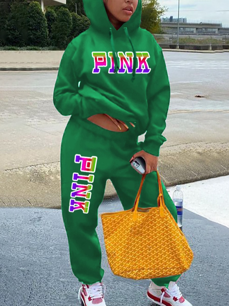 LW Plus Size Pink Letter Print Kangaroo Pocket Tracksuit Set
