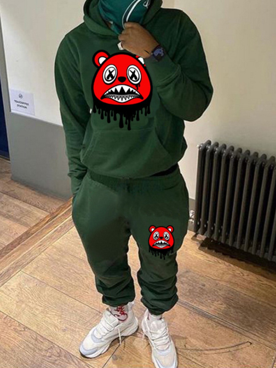 LW Men Cartoon Print Kangaroo Pocket Tracksuit Set