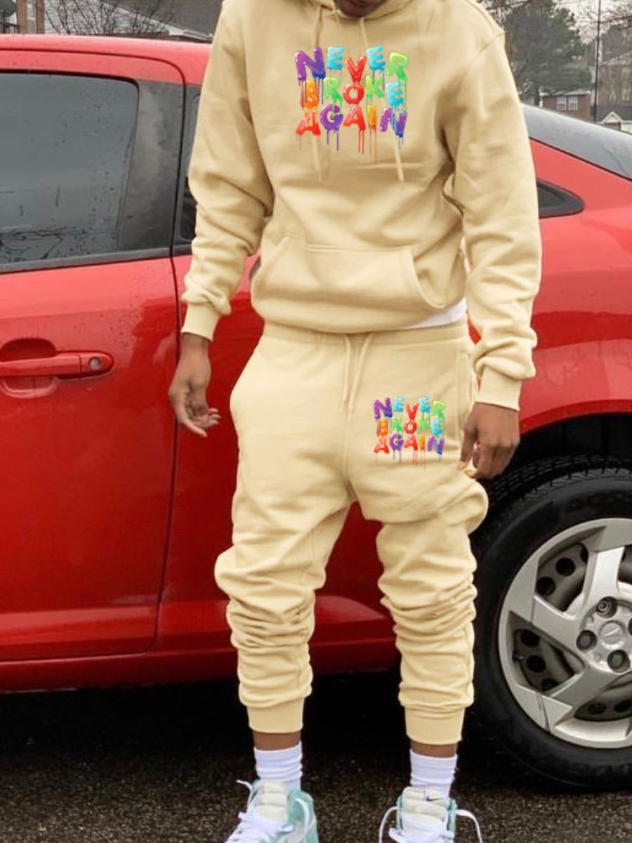 LW Men Letter Print Kangaroo Pocket Tracksuit Set