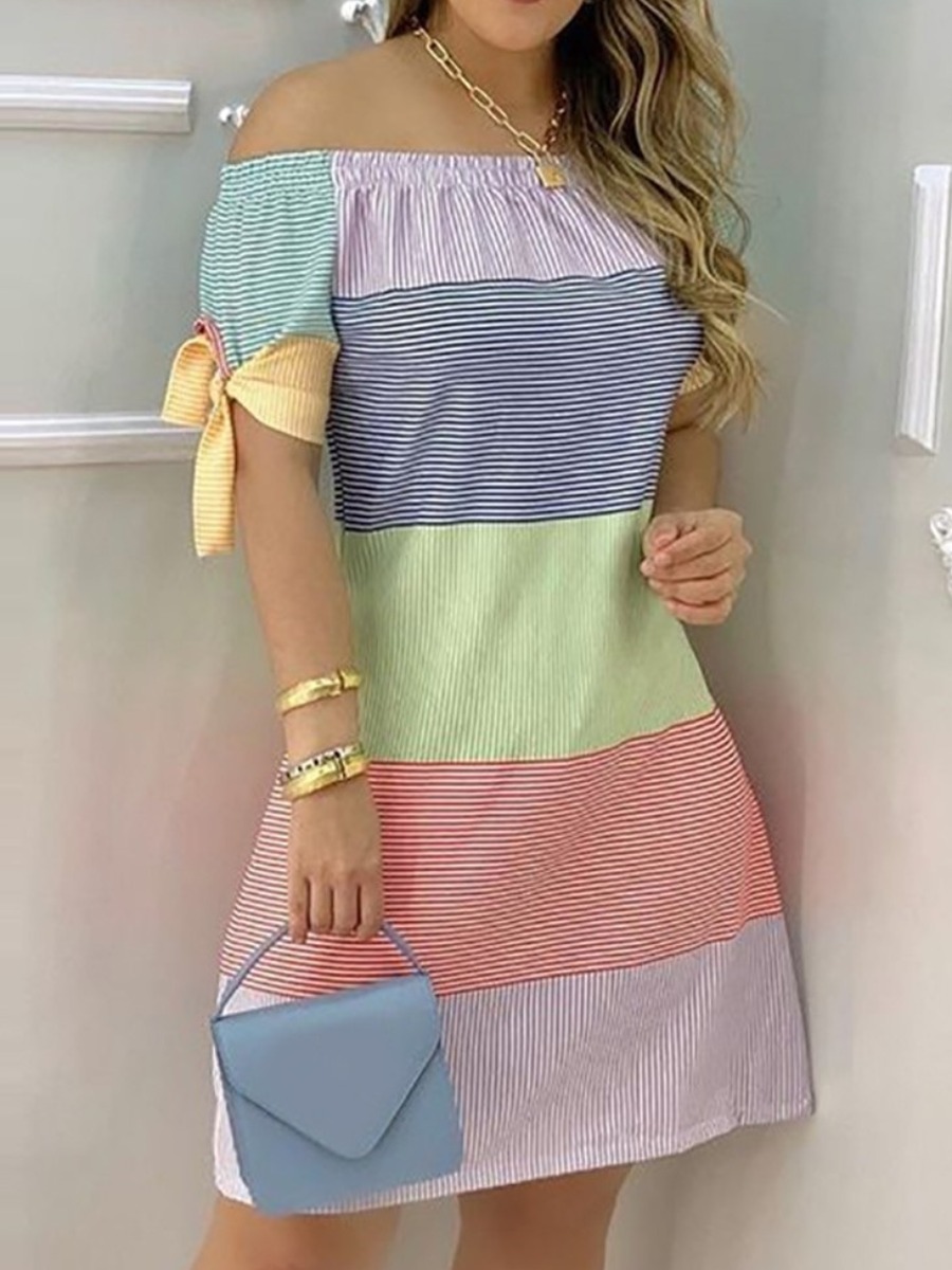 LovelyWholesale Off The Shoulder Striped Dress Summer Short Sleeve Casual Knotted Bateau Neck Spring Summer 2024
