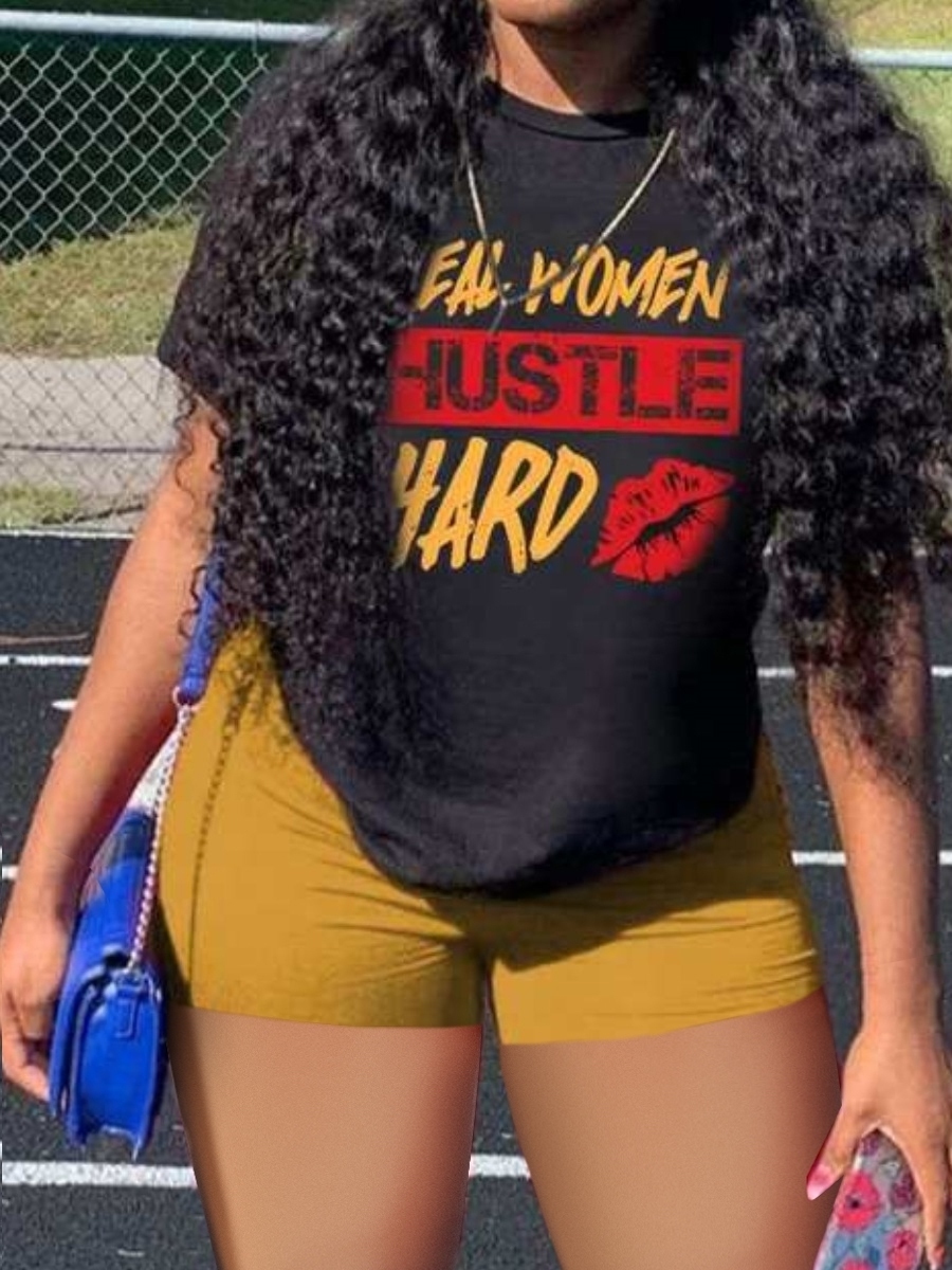LovelyWholesale Hustle Hard Lip Letter Print Shorts Set Summer Short Sleeve Casual Letter Round Neck Spring Summer 2024