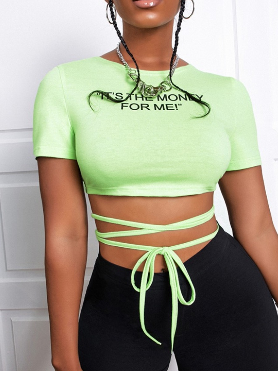 LW COTTON Sweet Letter Print Bandage Design Green T-shirt