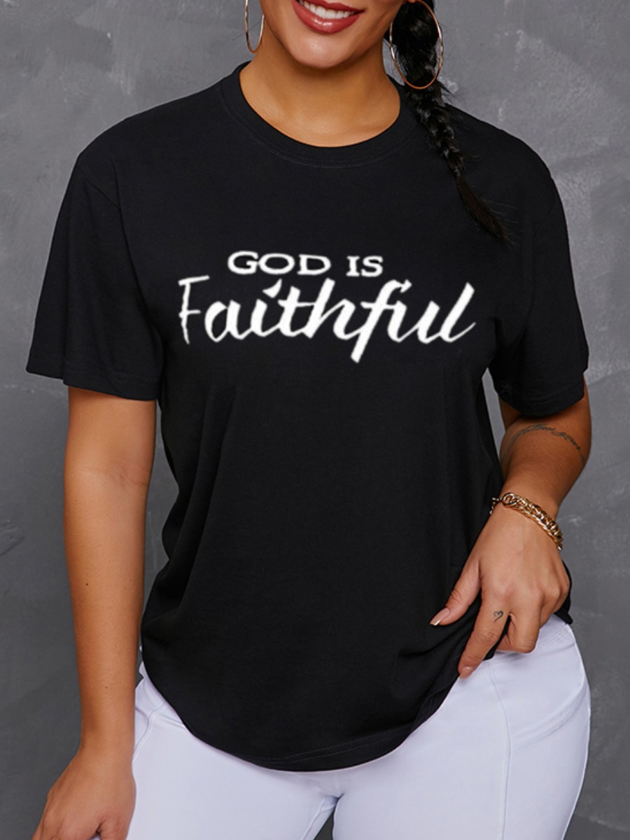 LW COTTON Casual Round Neck Letter Print Black T-shirt