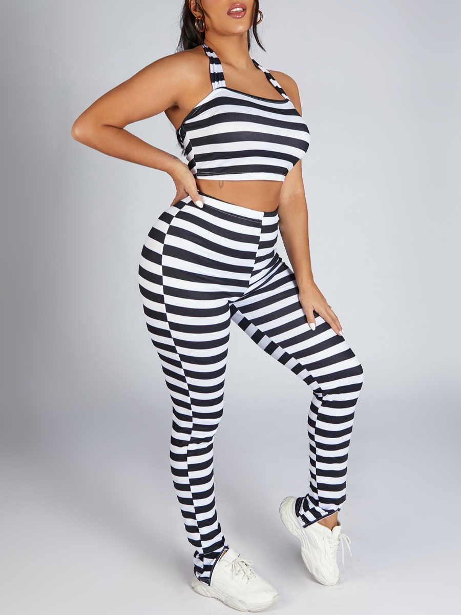 LW Casual Striped Backless Black Two Piece Pants Set