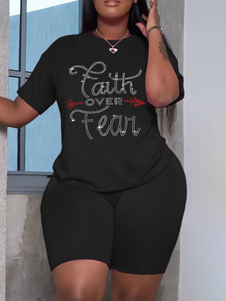 LW Plus Size Faith Over Fear Letter Shorts Set