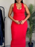 LW SXY Casual U Neck Skinny Red Ankle Length Dress