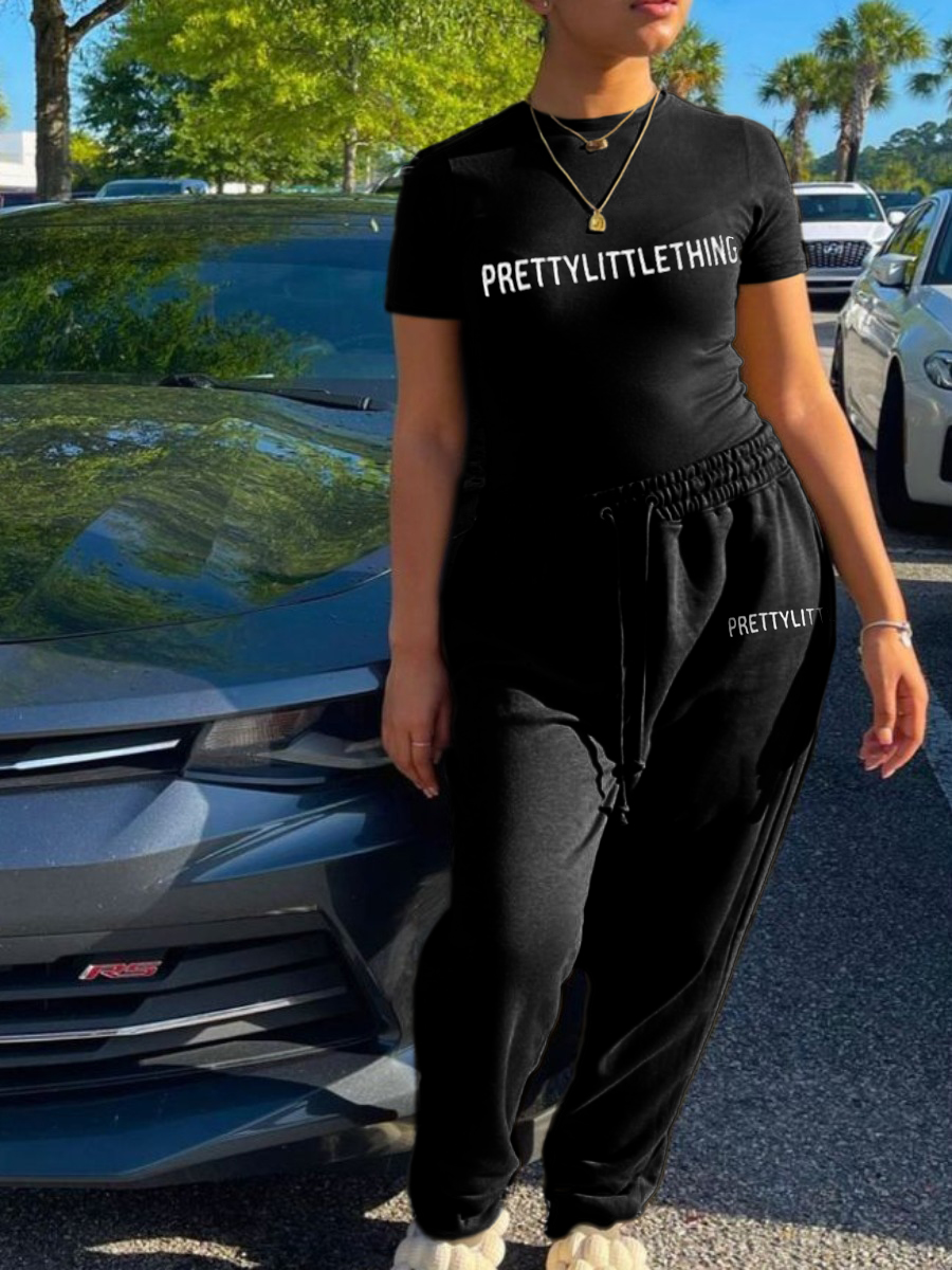 LW Letter Print Drawstring Pants Set