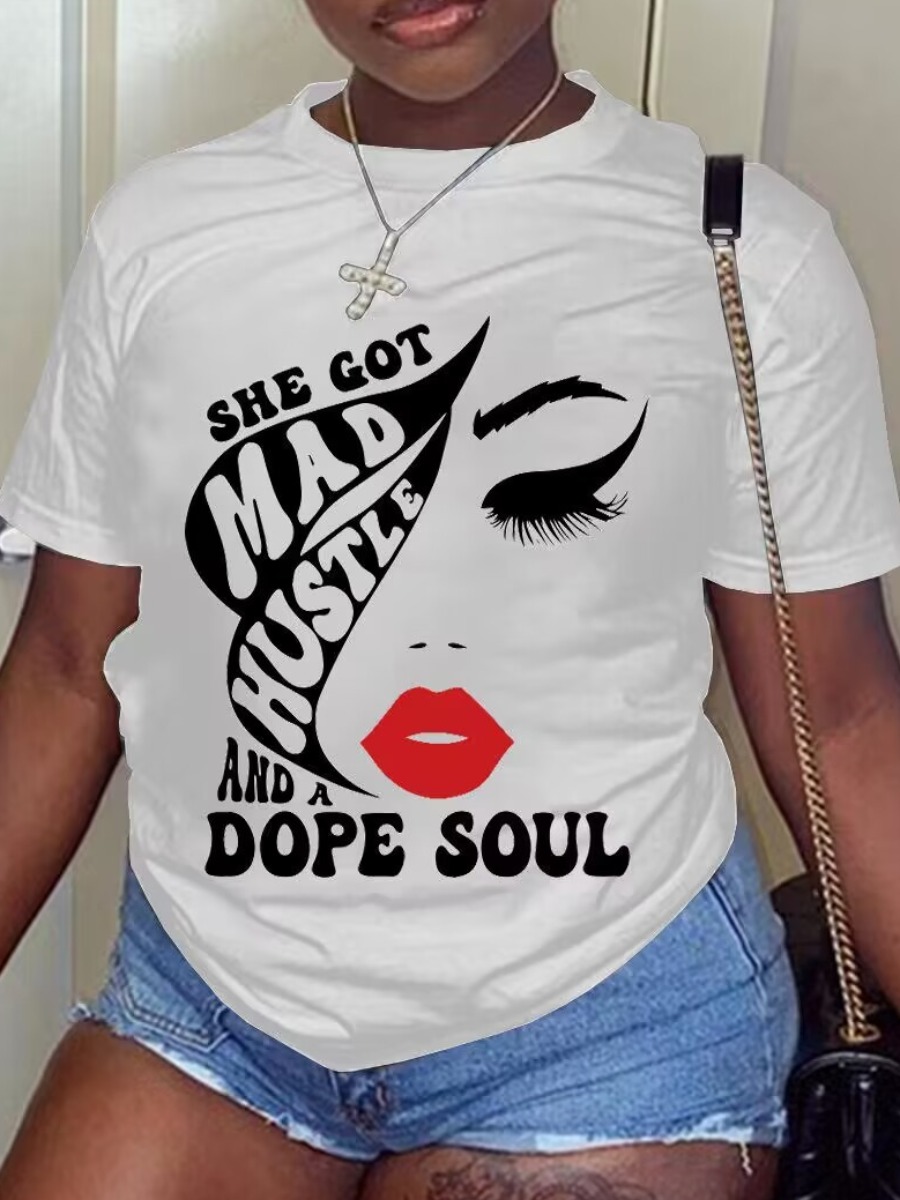 LovelyWholesale Lip Letter Print T-shirt Summer Short Sleeve Casual Round Neck Spring Summer 2024