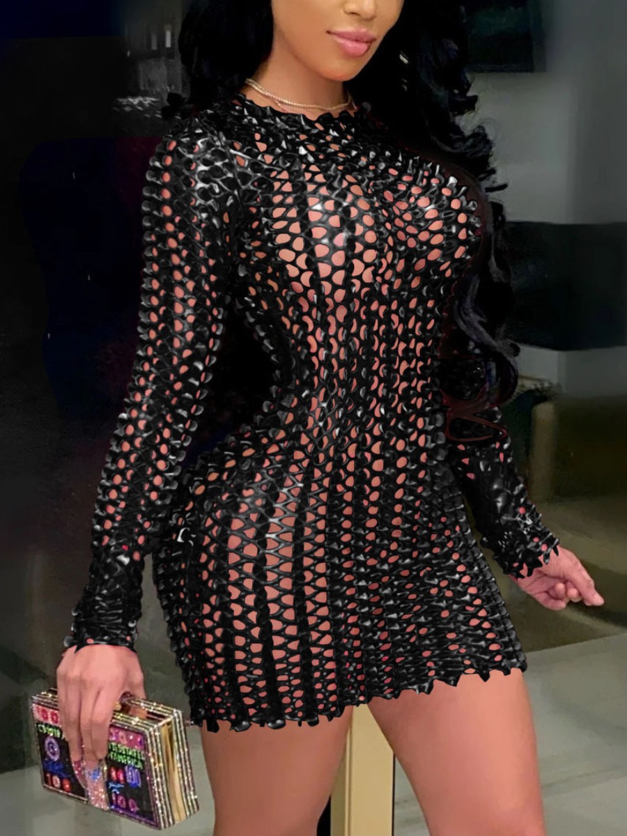 LovelyWholesale SXY Burn Flowers Cut Out Bodycon Dress Fall Long Sleeve Sxy Burn flowers Round Neck Spring Summer 2024