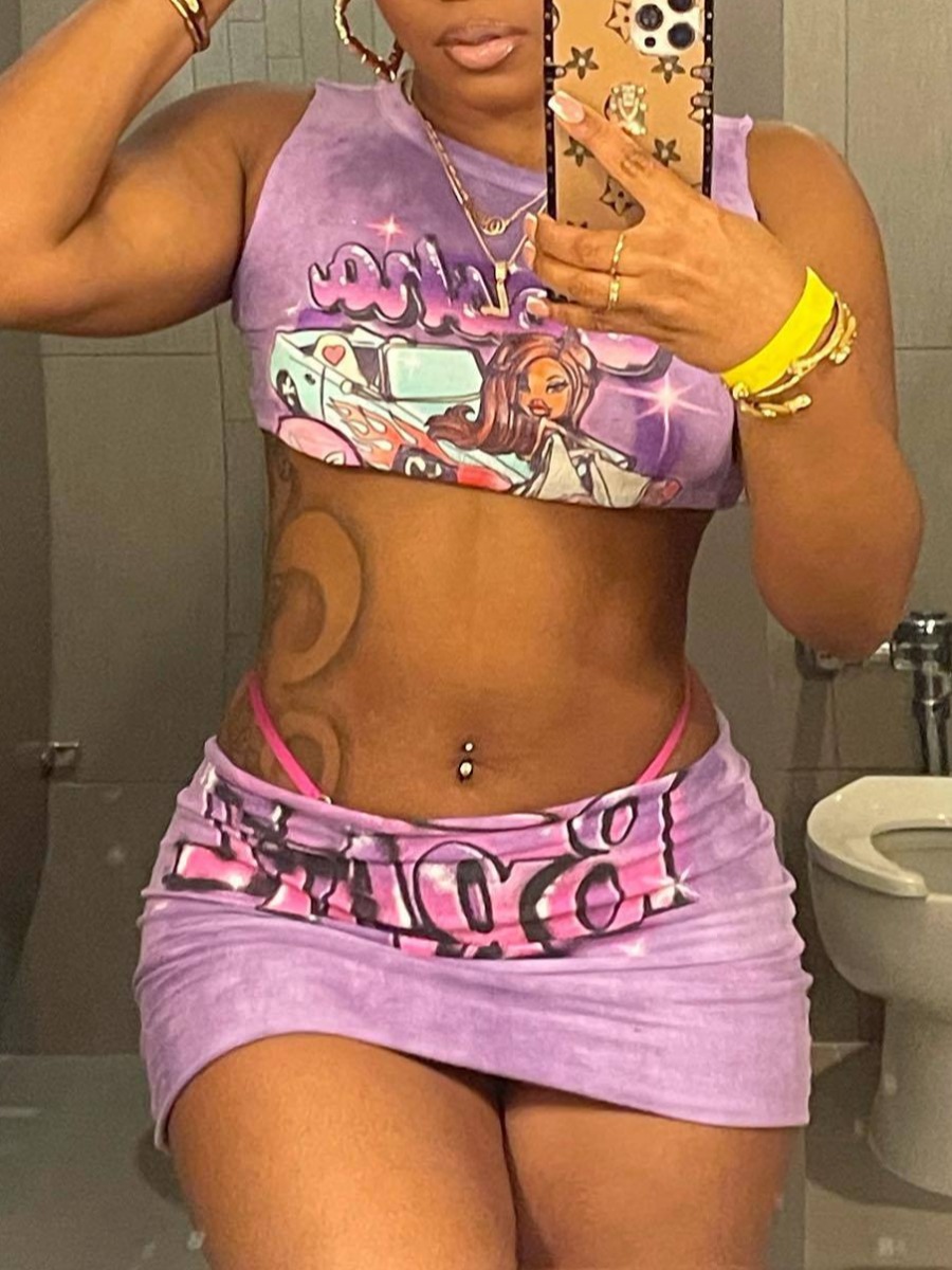 LW Crop Top Graffiti Letter Print Skirt Set