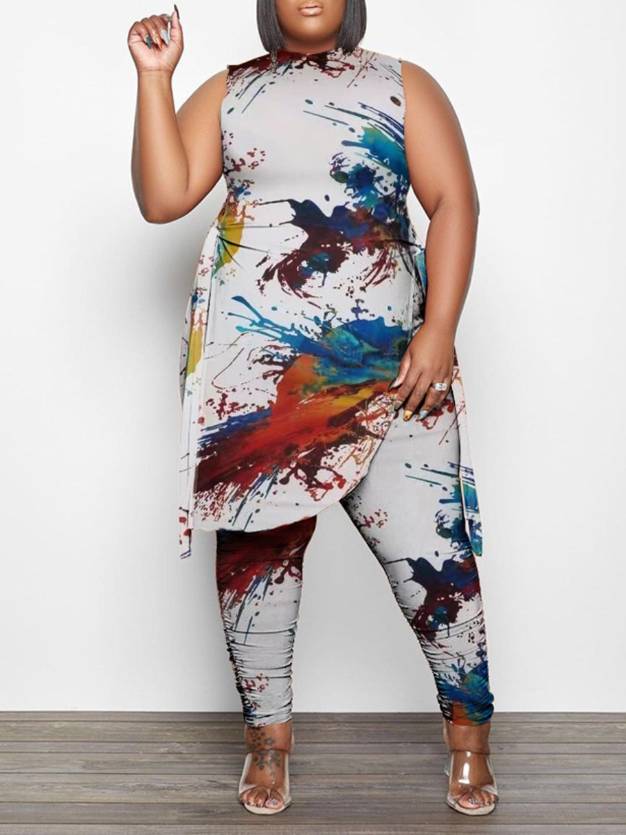 LW Plus Size Splash Ink Bandage Design Side Split Pants Set