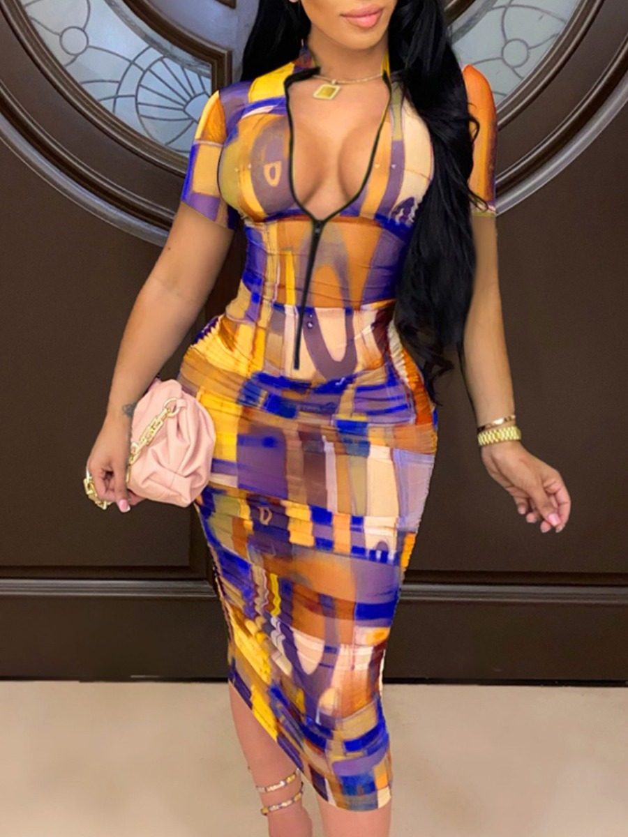LW SXY Mixed Print Zipper Design Bodycon Dress
