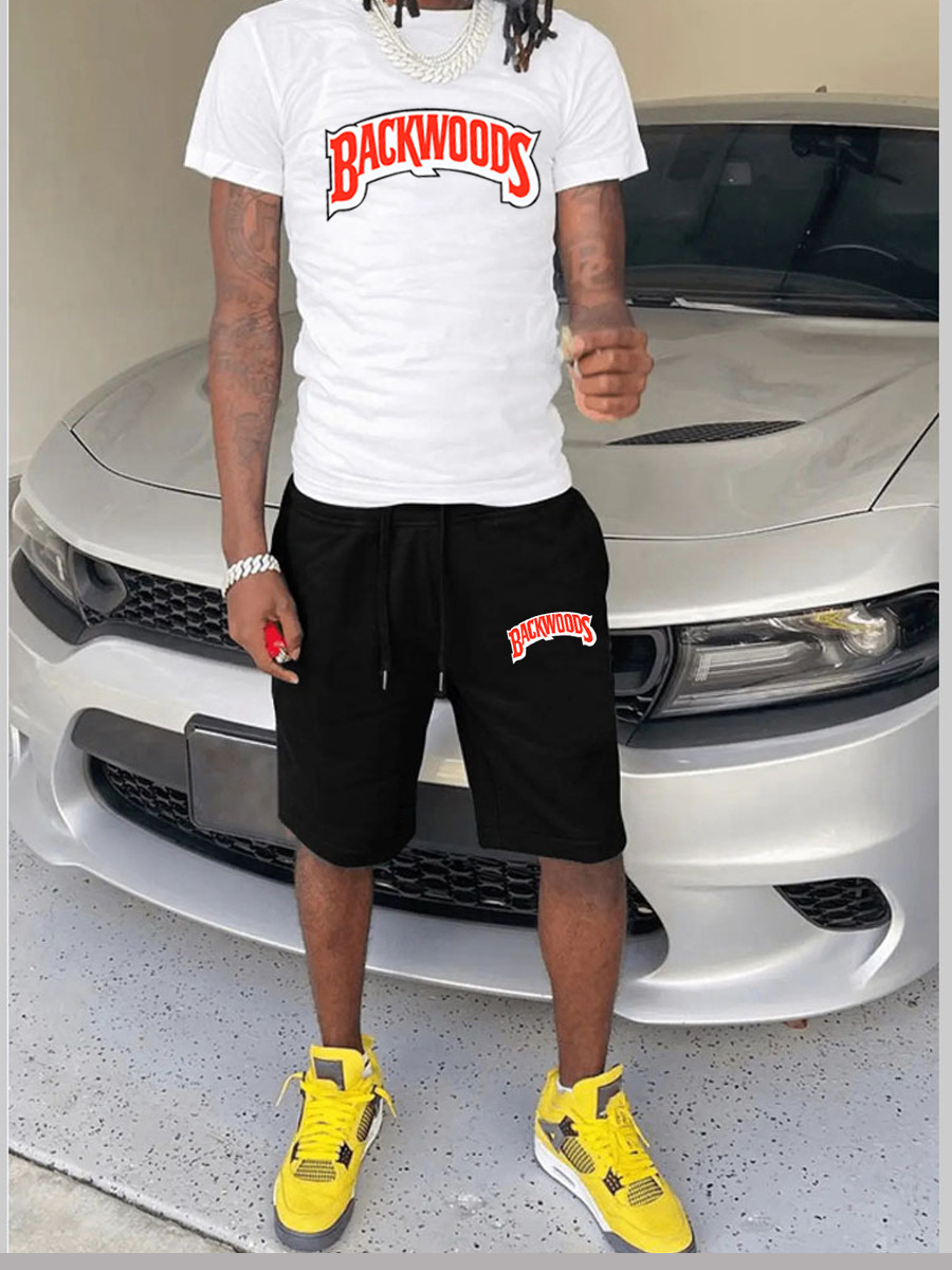 LW BASICS Men Letter Print Drawstring Shorts Set