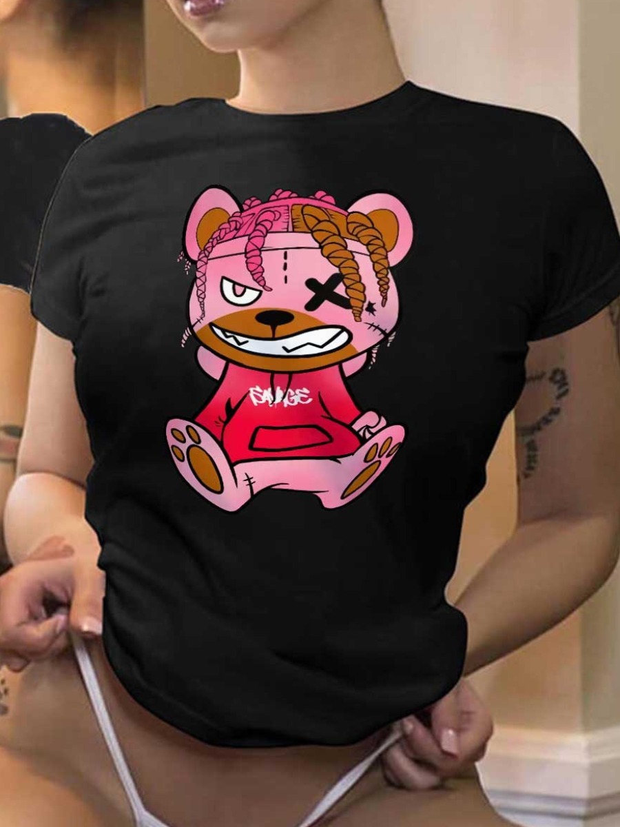 LovelyWholesale Cartoon Print Patchwork T-shirt Summer Short Sleeve Casual Round Neck Spring Summer 2024