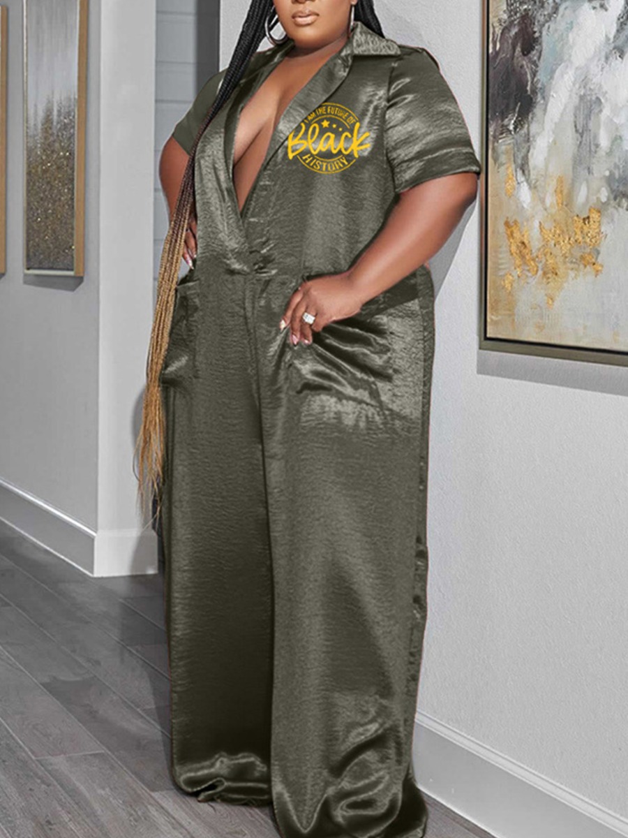 LW Plus Size Letter Print Pocket Design Loose Jumpsuit
