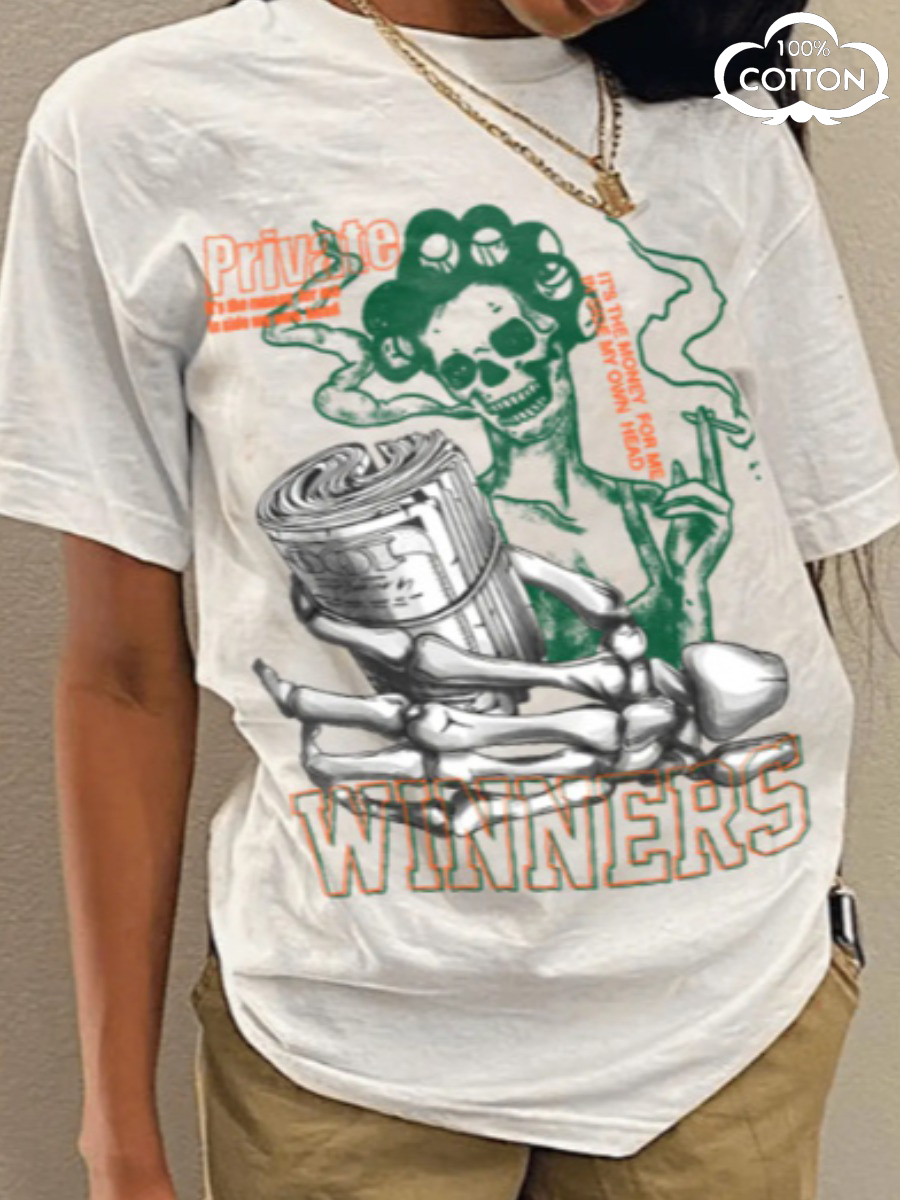 LW COTTON Skeleton Money Letter Print T-shirt