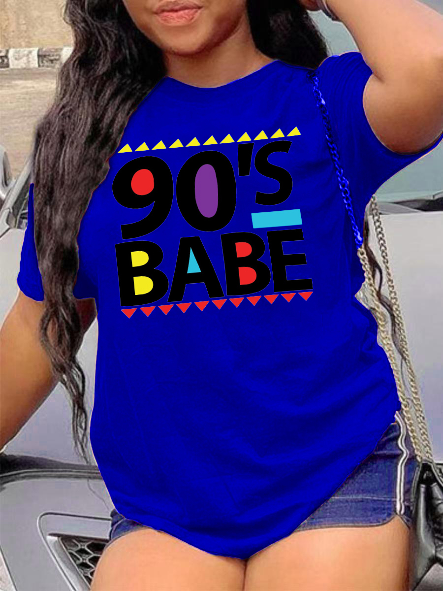 LovelyWholesale Plus Size 90 s Babe Letter Print T-shirt Summer Short Sleeve Casual Round Neck  4X Spring Summer 2024