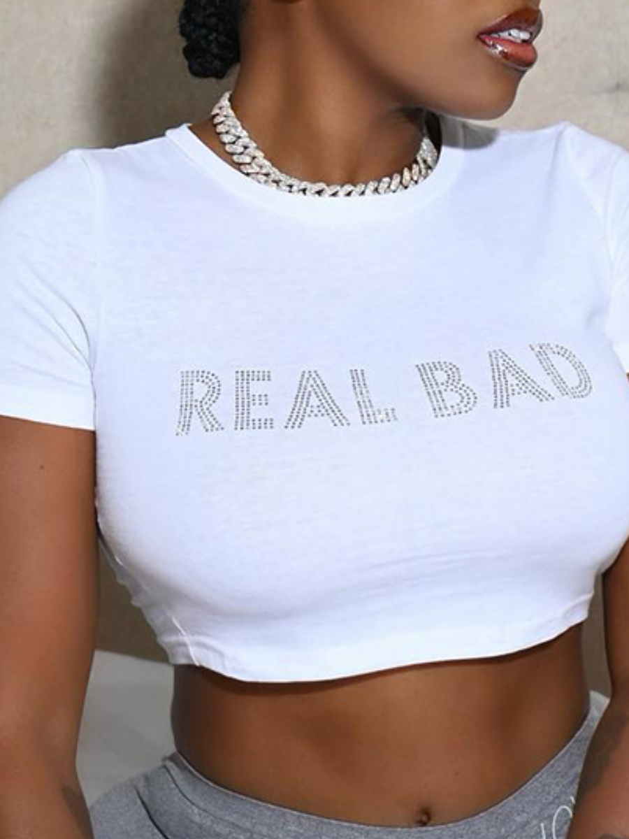 LW Crop Top Rhinestone Letter T-shirt