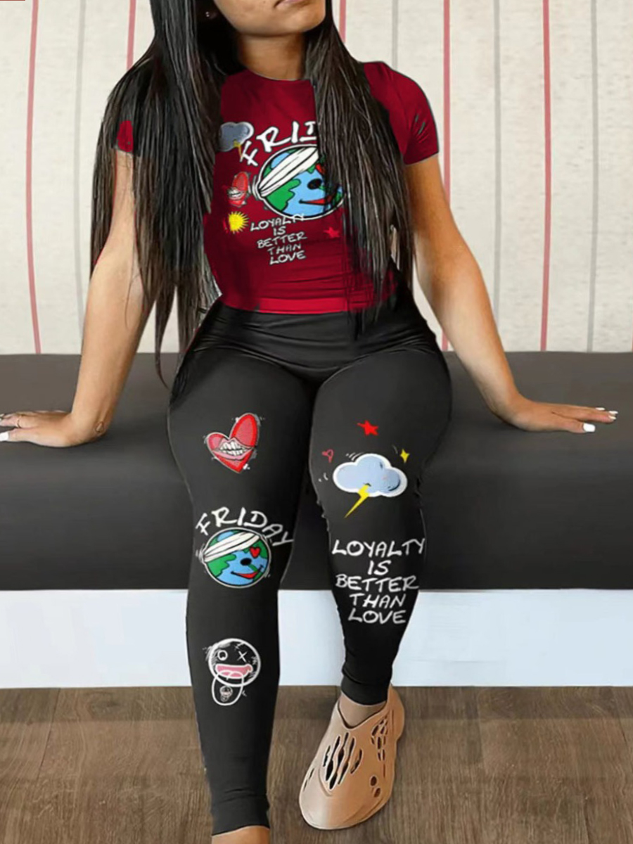 LovelyWholesale Plus Size Cartoon Loyalty Is Better Than Love Print Pants Set Spring Short Sleeve Casual Round Neck  5X Spring Summer 2024