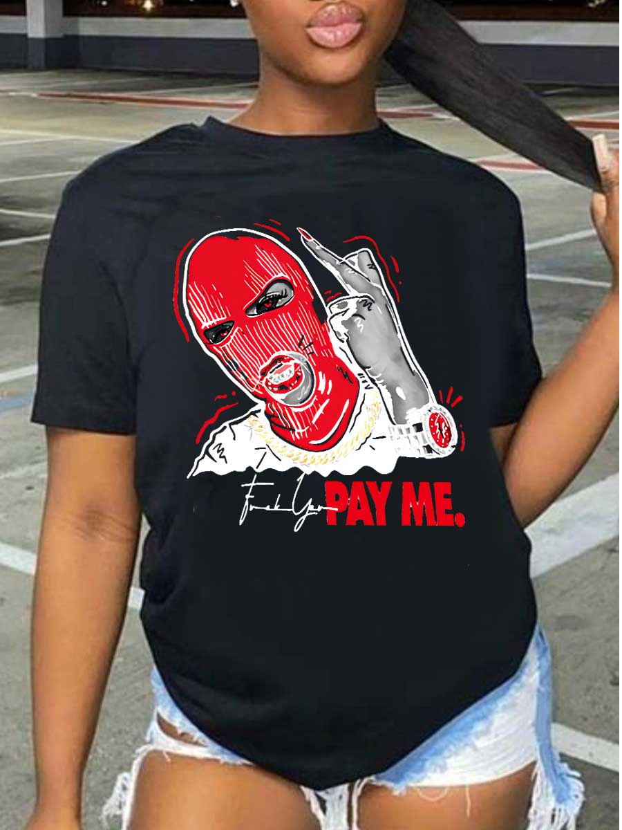 LovelyWholesale Masked Face Letter Print T-shirt Summer Short Sleeve Casual Pattern Round Neck Spring Summer 2024