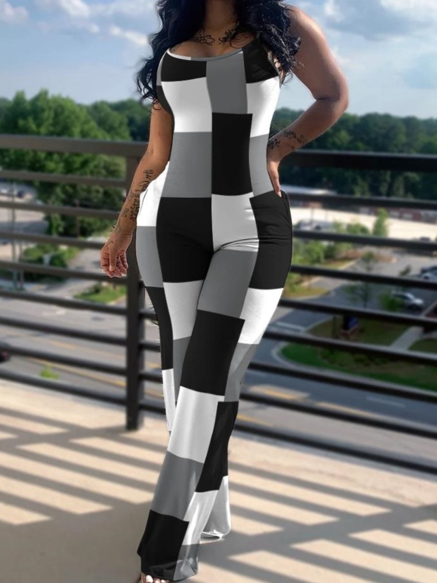 LW Plus Size Plaid Print Pocket Design Cami Jumpsuit