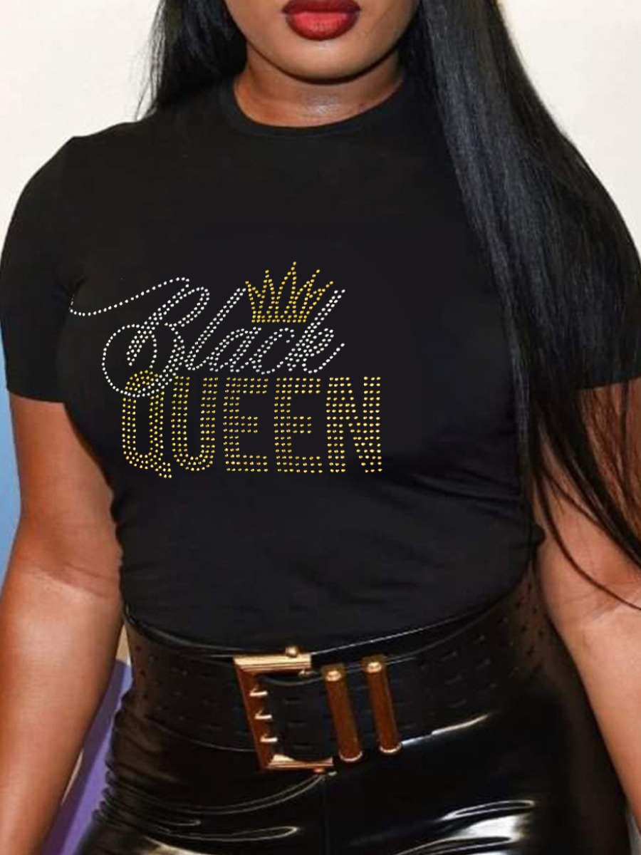 LW BASICS Plus Size Rhinstone Black Crown Queen T-shirt 2X