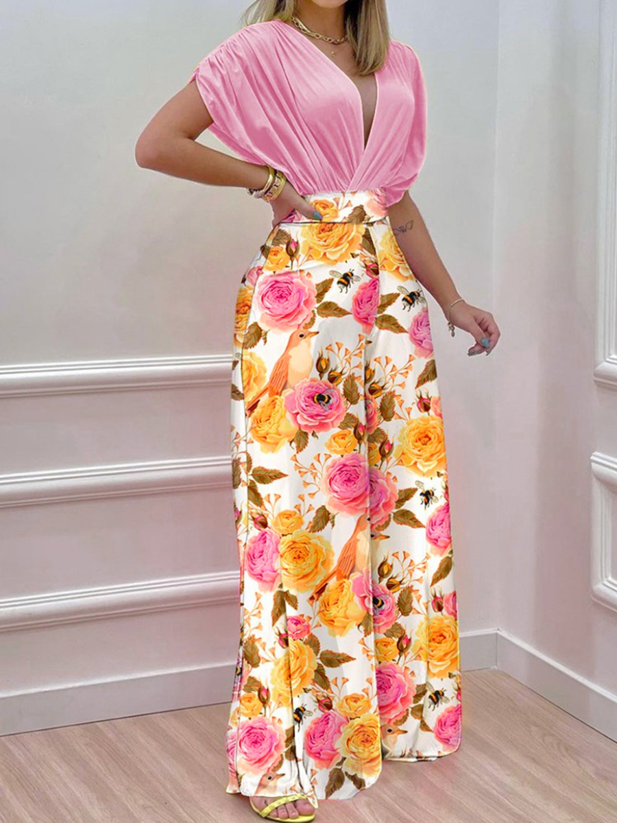 LW BASICS Rose Flower Print Ruched Wide Leg Pants 