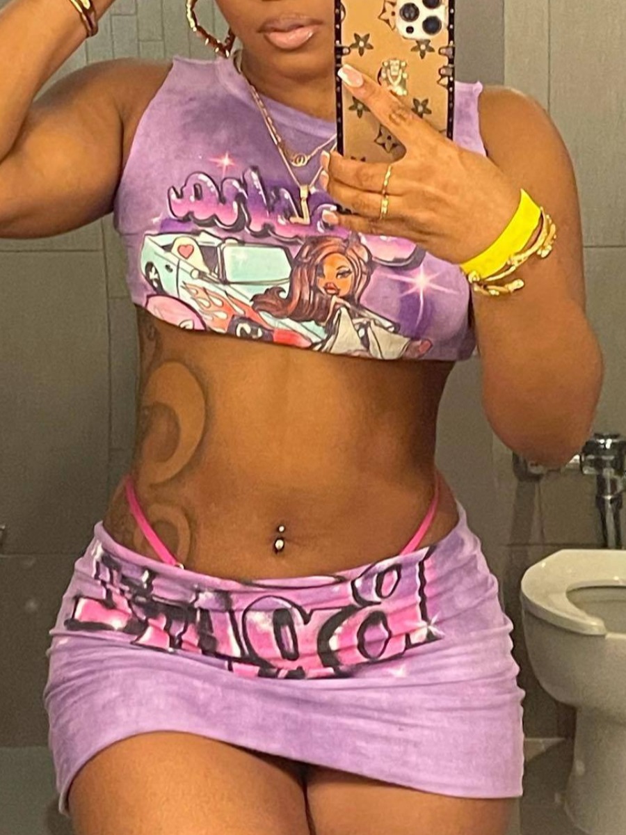 LW Plus Size Crop Top Graffiti Letter Print Skirt Set