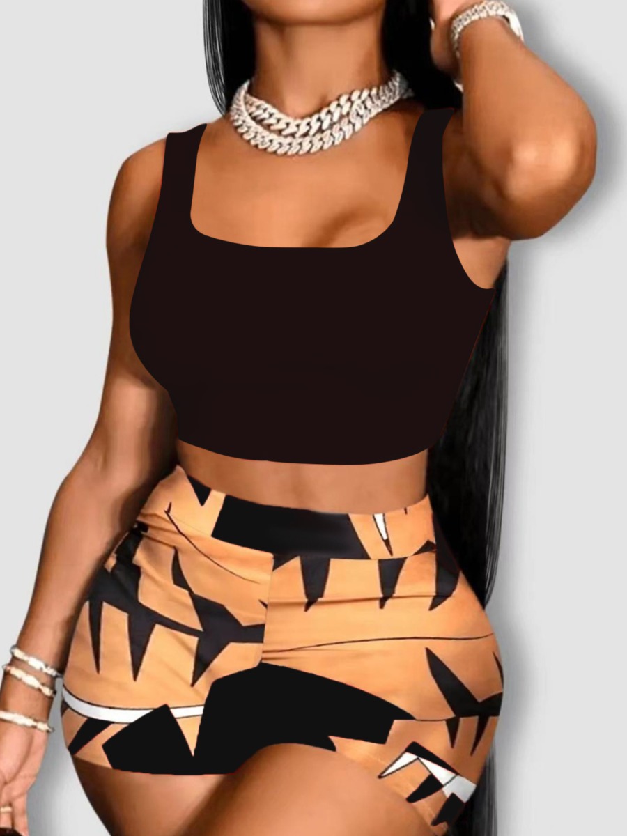 LW Crop Top Geometric Print Shorts Set
