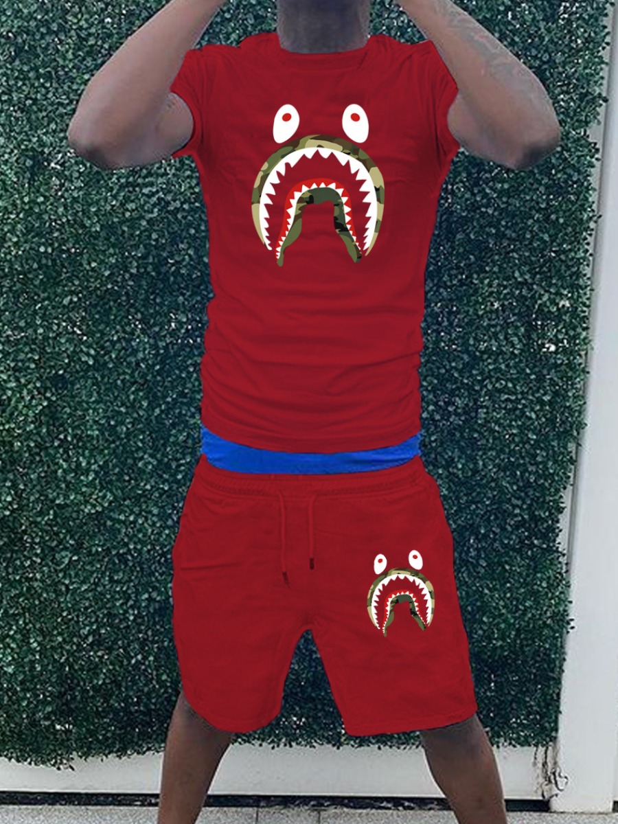 LW Men Cartoon Fish Mouth Print Drawstring Shorts Set