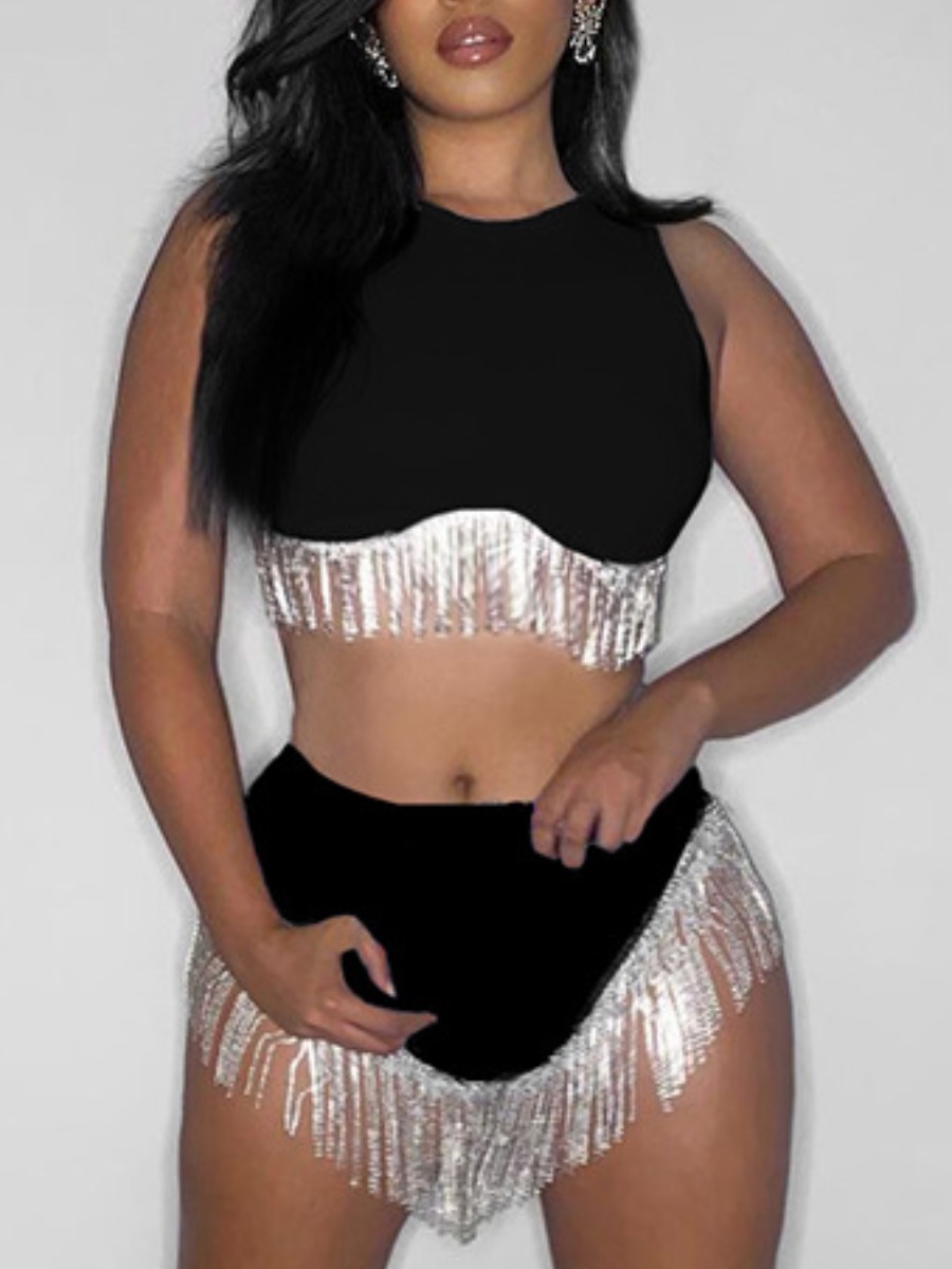 LW Crop Top Tassel Design Sequined Shorts Set
