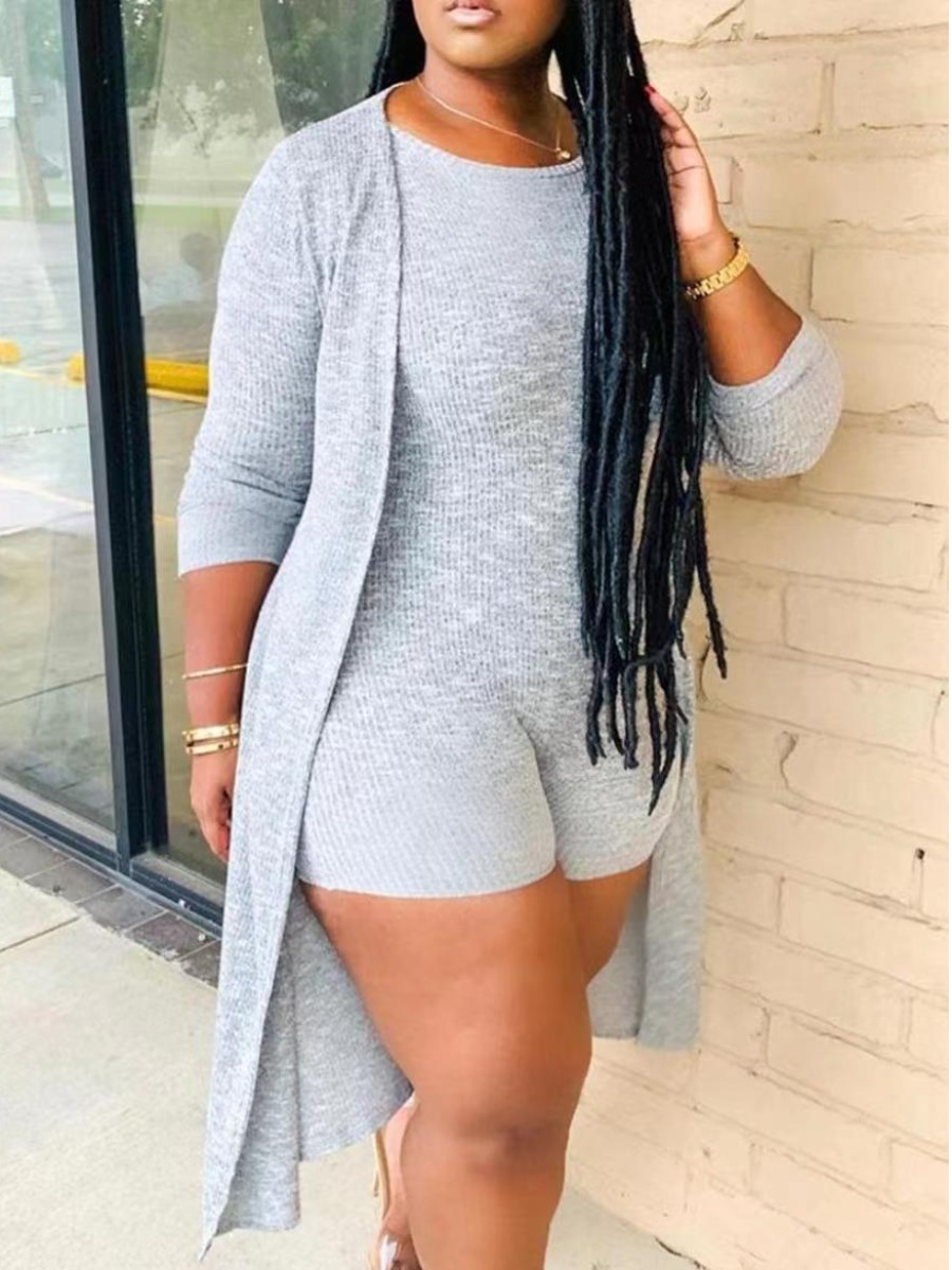 LW Plus Size Round Neck Rib Knit Romper Set