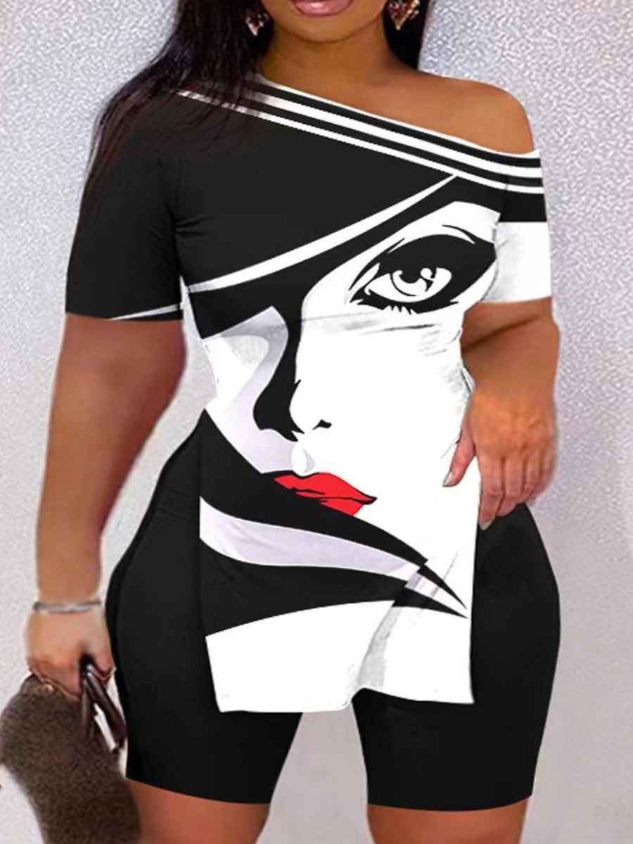 LW Plus Size One Shoulder Figure Print Striped Sho