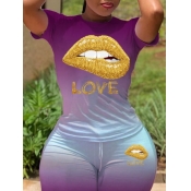 LW Casual O Neck Lip Print Purple Two-piece Shorts